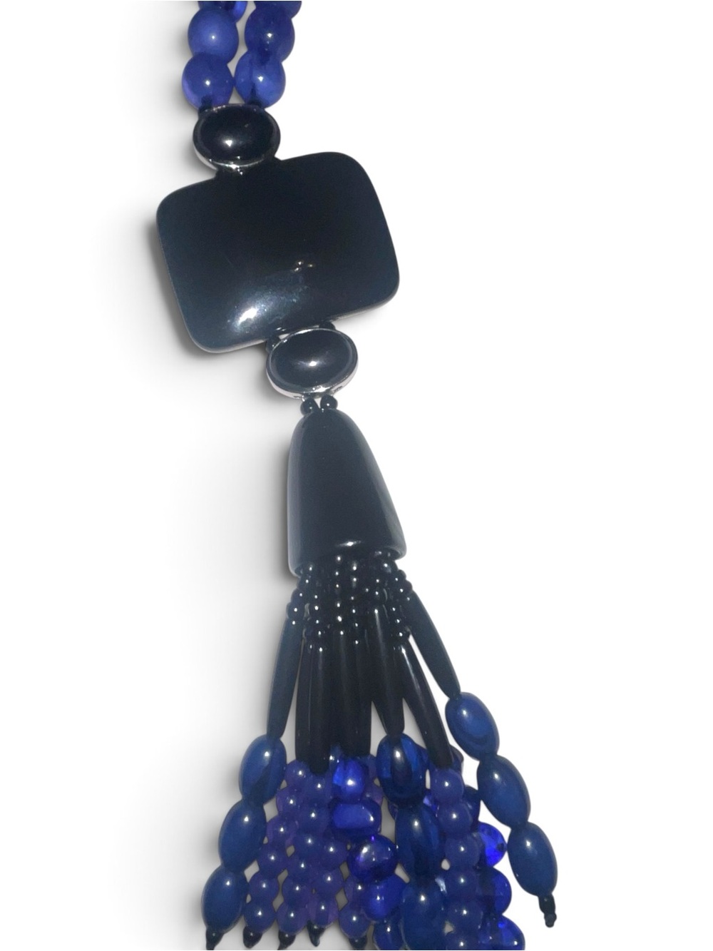 Chico’s Blue Black Beaded Tassel Statement Necklace